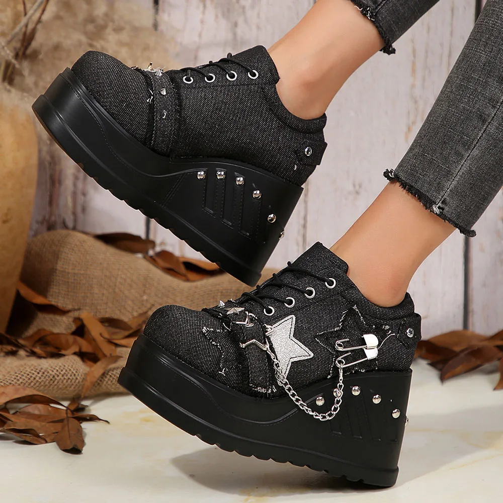 Plateforme Chunky Punk Wedges Denim pour femmes, chaussures gothiques, JOFashion - image de produit 3