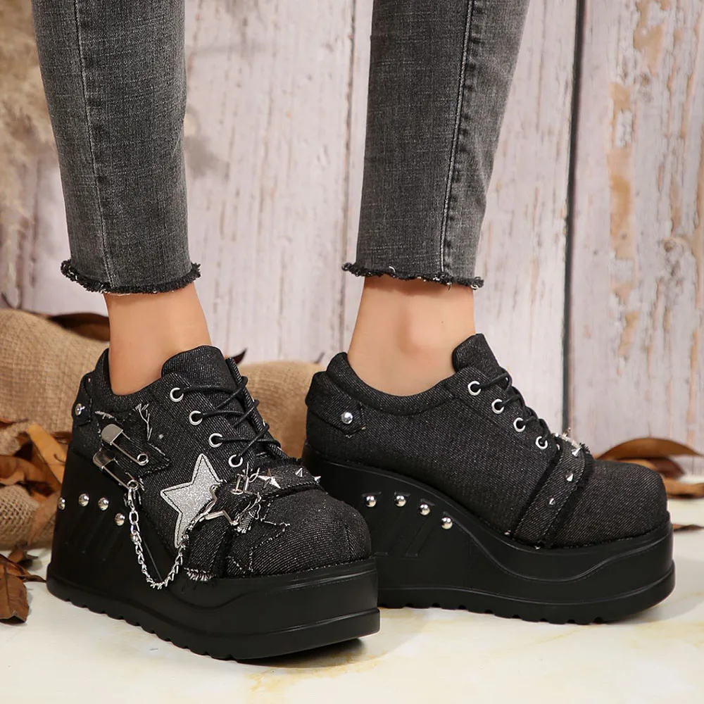 Plateforme Chunky Punk Wedges Denim pour femmes, chaussures gothiques, JOFashion - image de produit 7