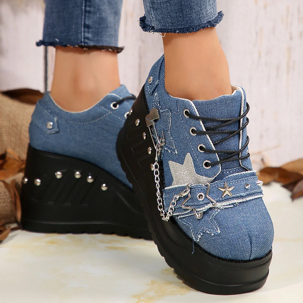 Plateforme Chunky Punk Wedges Denim pour femmes, chaussures gothiques, JOFashion - image de produit 2