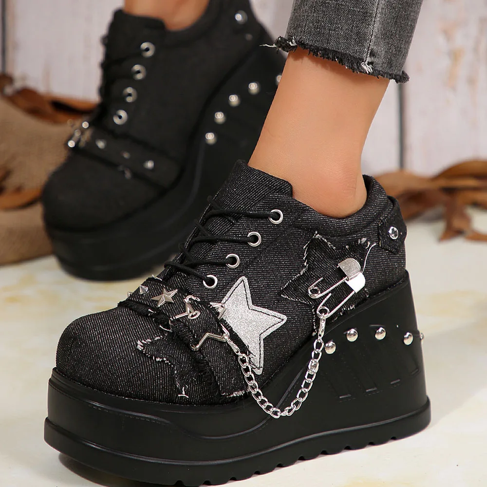 Plateforme Chunky Punk Wedges Denim pour femmes, chaussures gothiques, JOFashion - image de produit 4