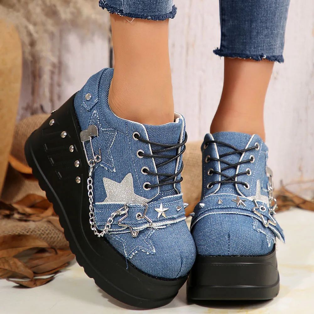 Plateforme Chunky Punk Wedges Denim pour femmes, chaussures gothiques, JOFashion - image de produit 6