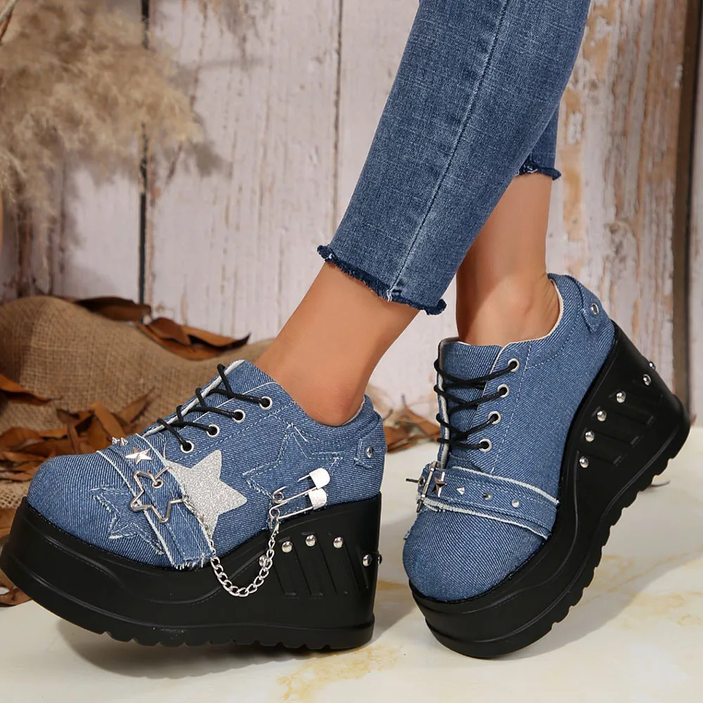 Plateforme Chunky Punk Wedges Denim pour femmes, chaussures gothiques, JOFashion - image de produit 1