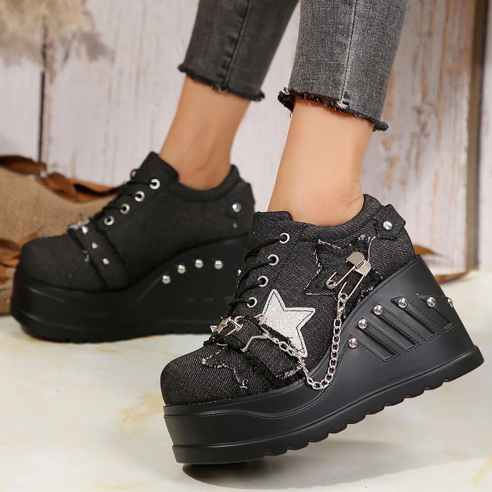 Plateforme Chunky Punk Wedges Denim pour femmes, chaussures gothiques, JOFashion - image de produit 5
